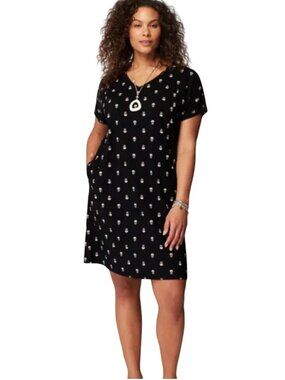 Pure Jill Black Floral V-Neck Organic Cotton T-Shirt Dress Petite L